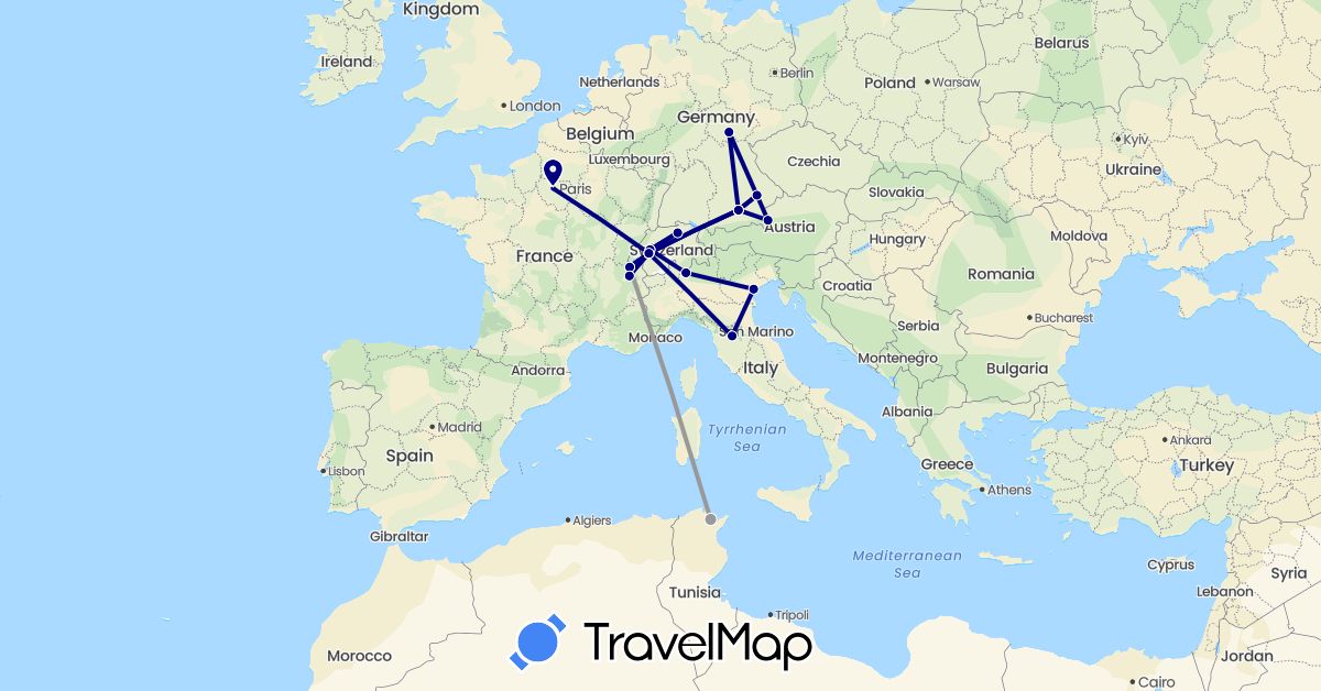 TravelMap itinerary: driving, plane, train in Austria, Switzerland, Germany, France, Italy, Tunisia (Africa, Europe)